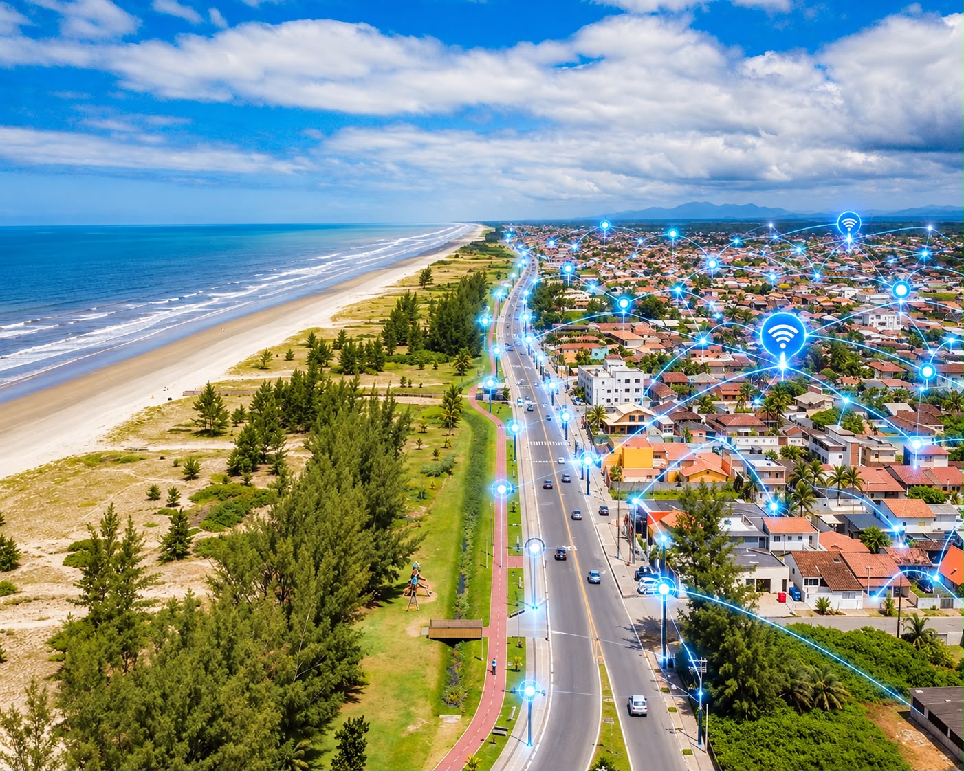 Vista aérea da orla de Ilha Comprida com pontos de conexão Wi-Fi